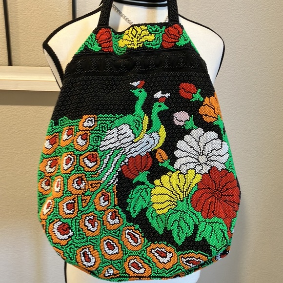 Peacock seed beaded bucket draw string closure beautiful colors - Picture 2 of 7